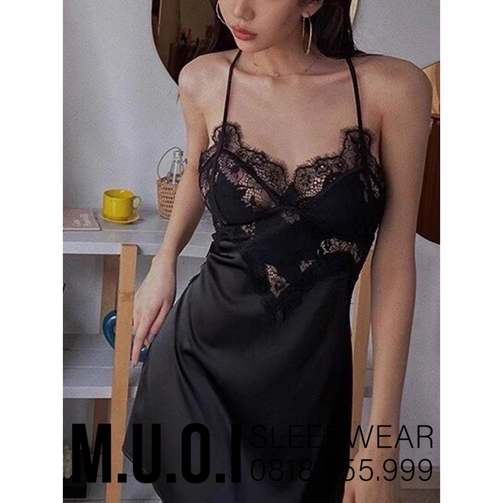 [FREESHIP] Váy ngủ sexy QUẢNG CHÂU-Váy ngủ lua phối ren ngực đan dây sexy QUẢNG CHÂU SX 078 - hàng có sẵn( video+ ảnh)