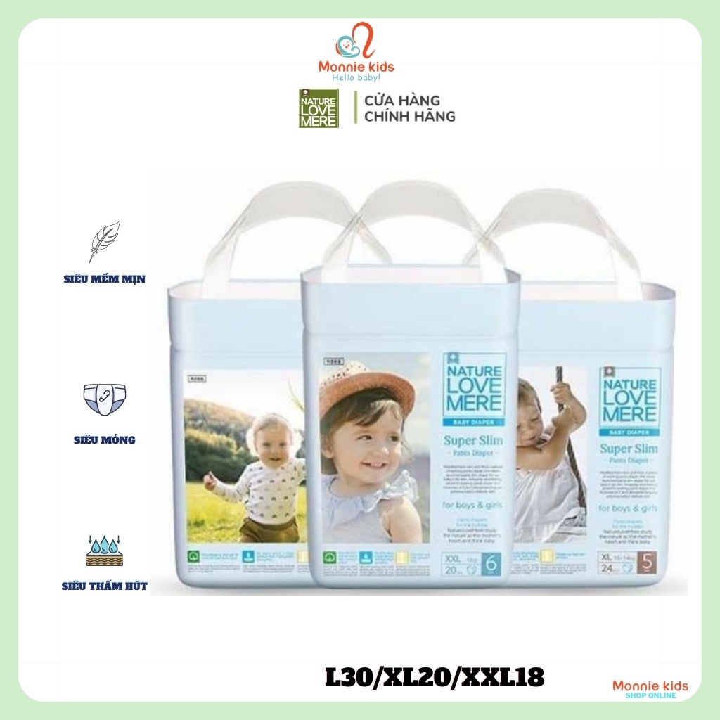 Bỉm tã quần cho bé NATURE LOVE MERE L30 XL20 XXL18, bỉm quần em bé siêu mỏng - Monnie Kids