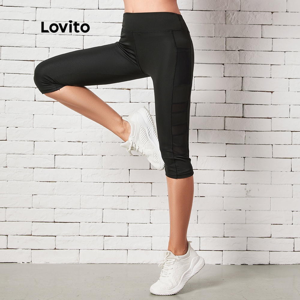Quần legging thể thao Lovito màu trơn dáng lửng phối túi và lưới tương phản co giãn tốt L10018 (Màu đen)