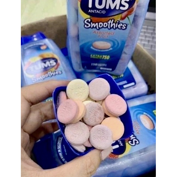 🍓🍒 Viên nhai hỗ trợ Tiêu Hoá Tums Smoothies Assorted Fruit 250 viên của Mỹ🍉🍇