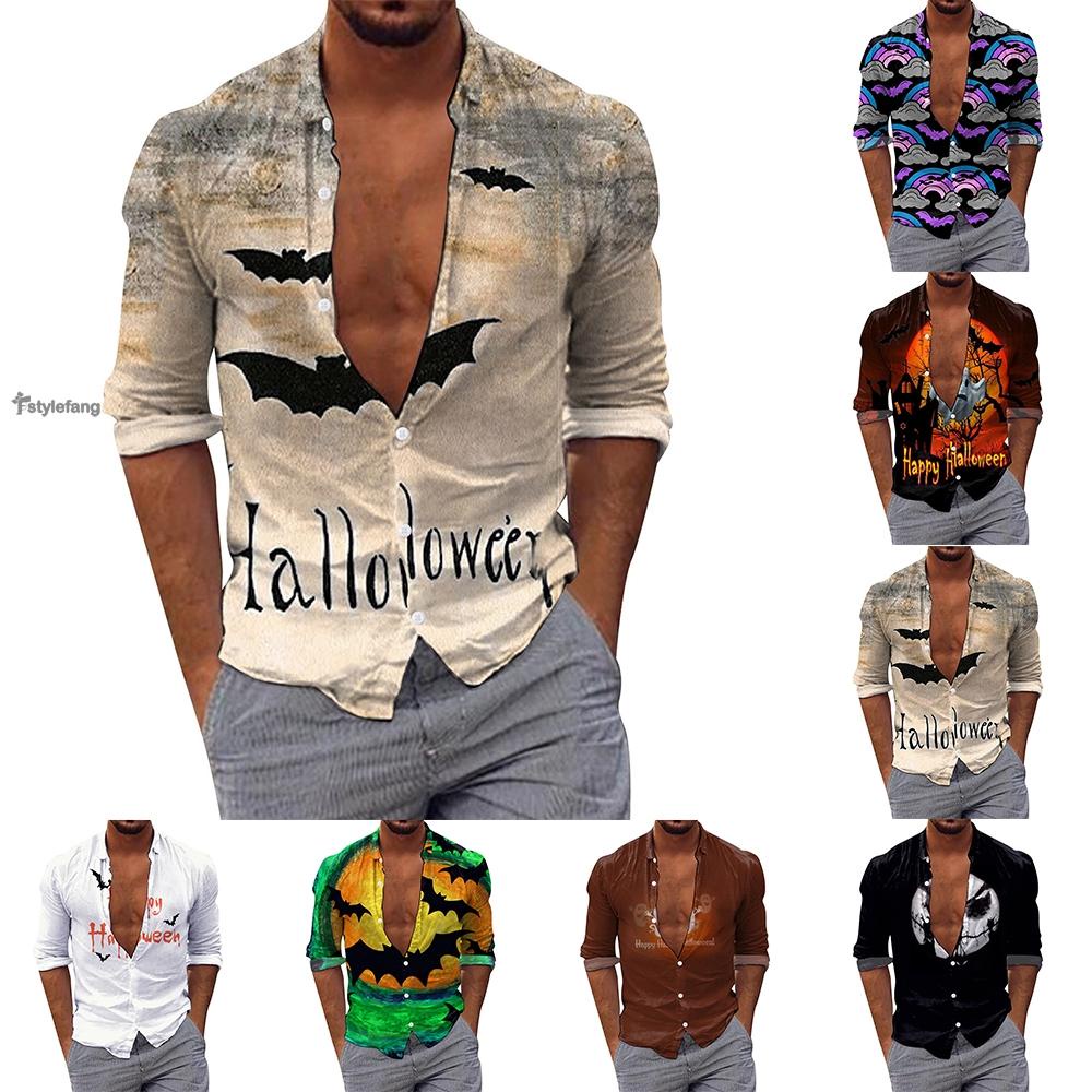 STYLEF-~Mens Shirts Halloween Long Sleeve Loose Male Party Printed Sexy Slim Beach Tee-【STYLEF-Fashion】