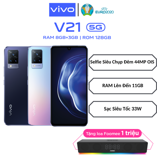 Điện thoại Vivo V21 5G (8GB/128GB) - Tặng loa Foomee HH17 - Camera 44MP OIS - Sạc nhanh 33W - Màu: Xanh Đen, Tím Hồng | WebRaoVat - webraovat.net.vn