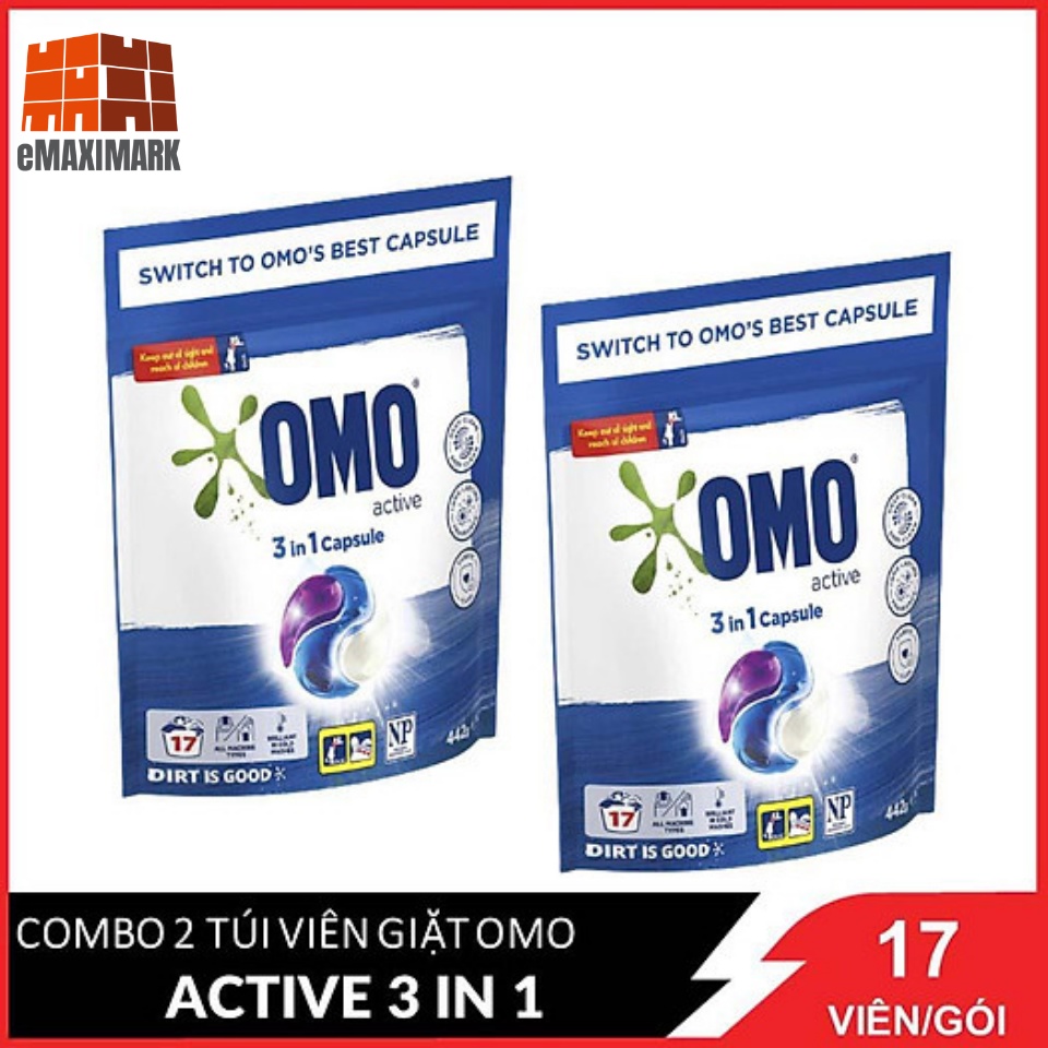 COMBO 2 túi viên giặt OMO Active 3 in 1 Capsule Túi 17 Viên 442gx2
