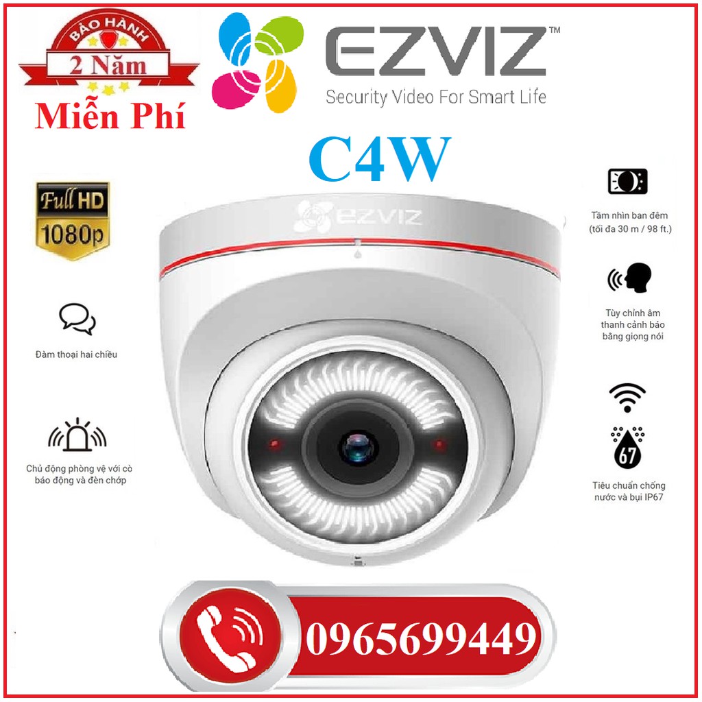 Camera Wifi Không Dây Ngoài Trời Ezviz C4W Siêu Nét Full HD 1080P Có Báo Động Đàm Thoại 2 Chiều- Hàng Chính Hãng