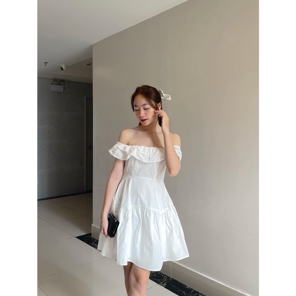 [Sẵn/ảnh thật] Váy trễ vai hồng phấn trắng chun sau tiểu thư siêu xinh đầm xinh đi chơi