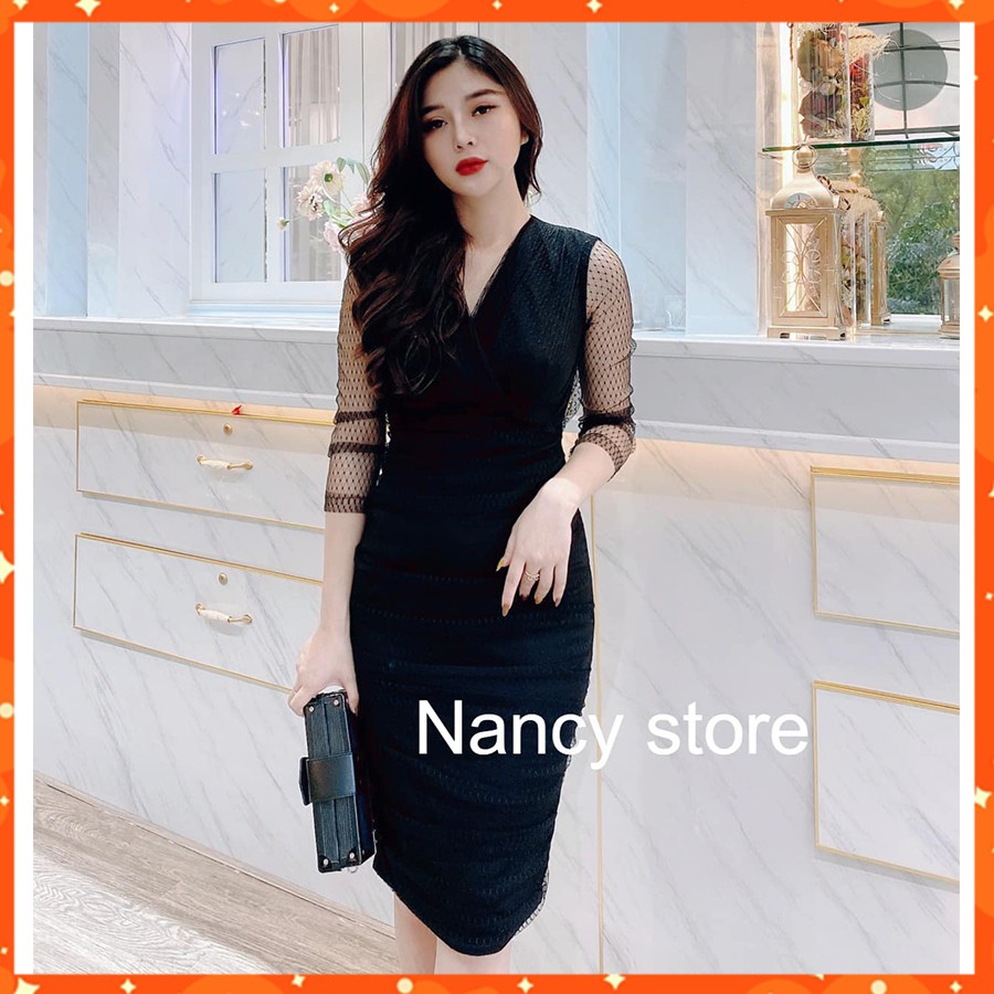 Váy body đen, trắng cổ tim phối tay và mặt trước zen cao cấp Nancy A4