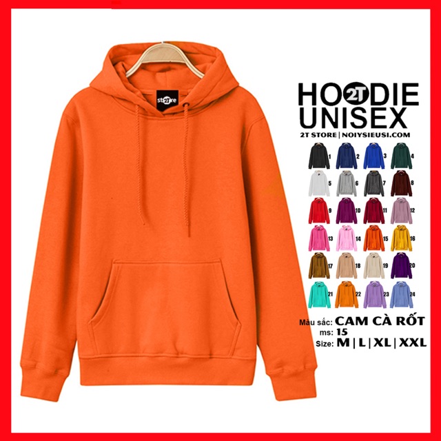 Áo hoodie unisex 2T Store H15 màu cam cà rốt - Áo khoác nỉ chui đầu nón 2 lớp dày dặn đẹp chất lượng