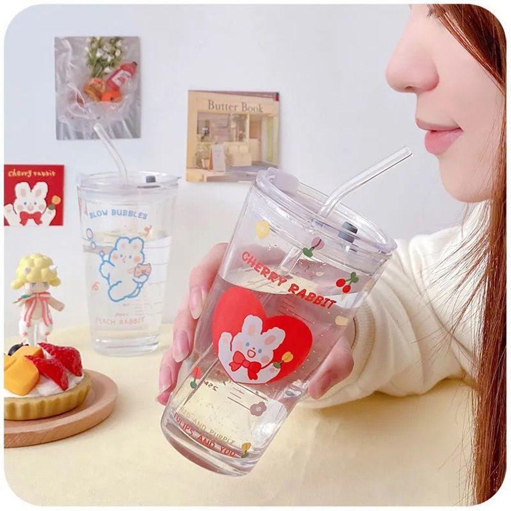 KUNHEV Ly Thủy Tinh Uống Trà Sữa Dung Tích Lớn Có Nắp Họa Tiết Hoa Mẫu Đơn Dễ