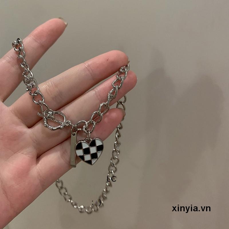 Vòng cổ mặt hình hình trái tim họa tiết caro phong cách Hàn Quốc thời trang cho cặp đôi