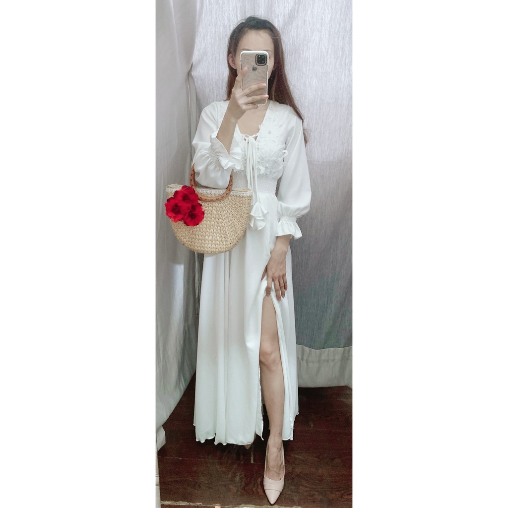 Đầm maxi trắng tay dài xẻ tà dễ thương - Kèm hình chụp shop