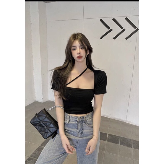 Áo kiểu croptop tay ngắn phối dây chéo cho nữ sexy