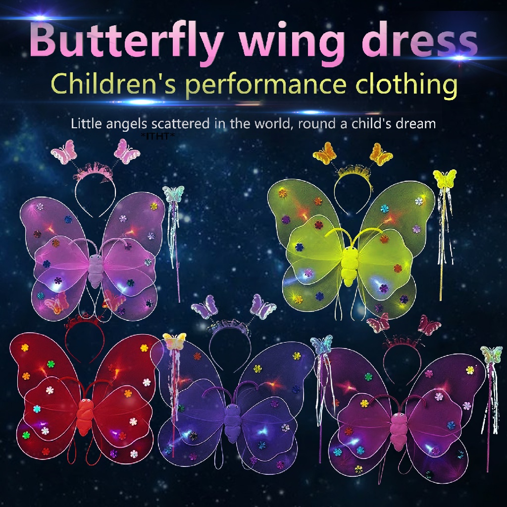 Set 4 Phụ Kiện Cài Tóc Hình Cánh Bướm Hai Lớp Gắn Đèn Led Phát Sáng Cho Bé Gái