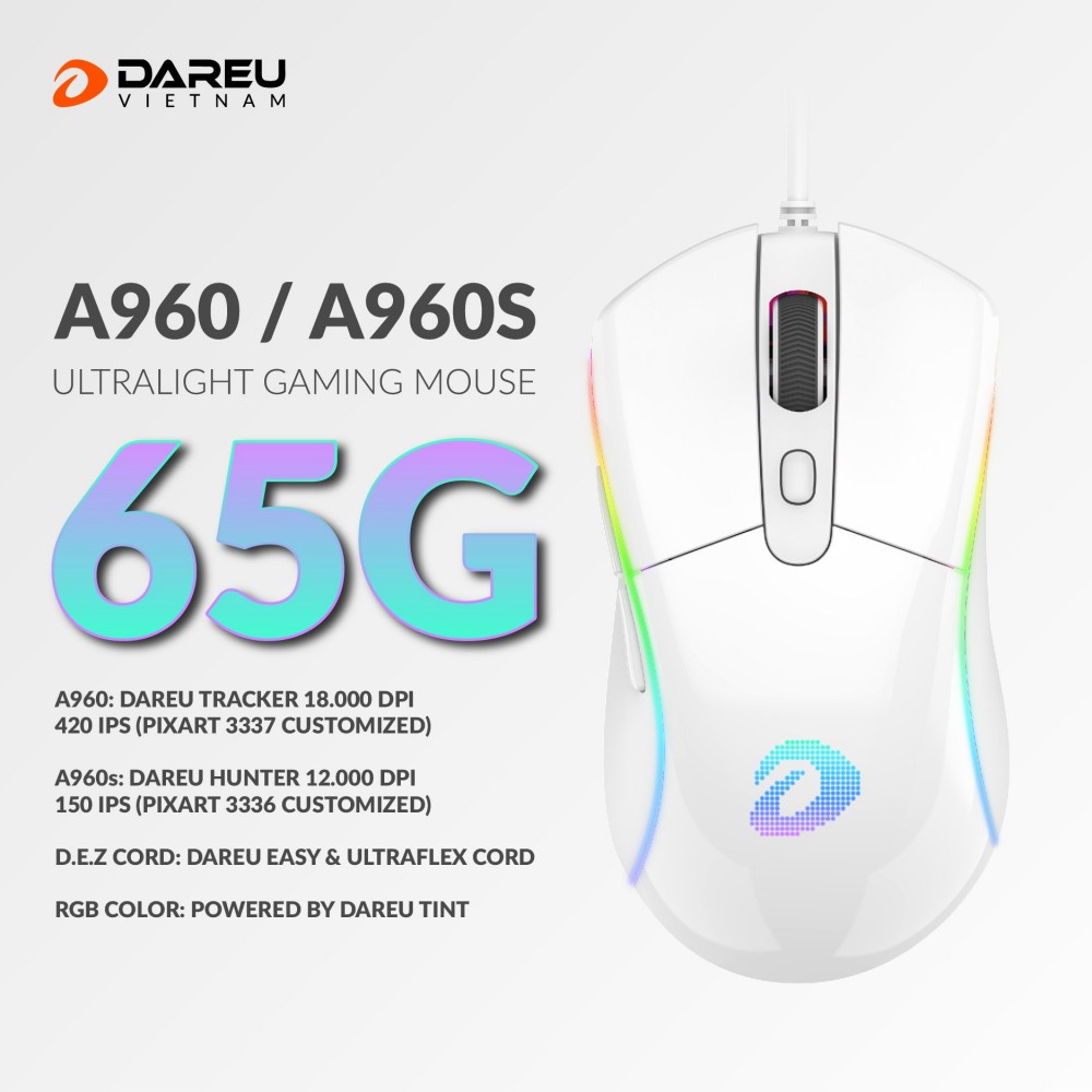 Chuột Gaming DAREU A960s ULTRALIGHT QUEEN (Hồng)/ ARTIC (Trắng) RGB/ PWM3336 - PWM3337