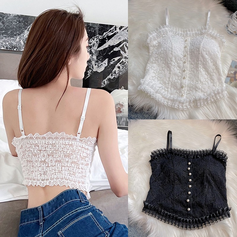 Áo 2 Dây Bra Dáng Croptop Phối Viền Bèo Tiểu Thư, Chất Đẹp Có Mút Nâng Ngực