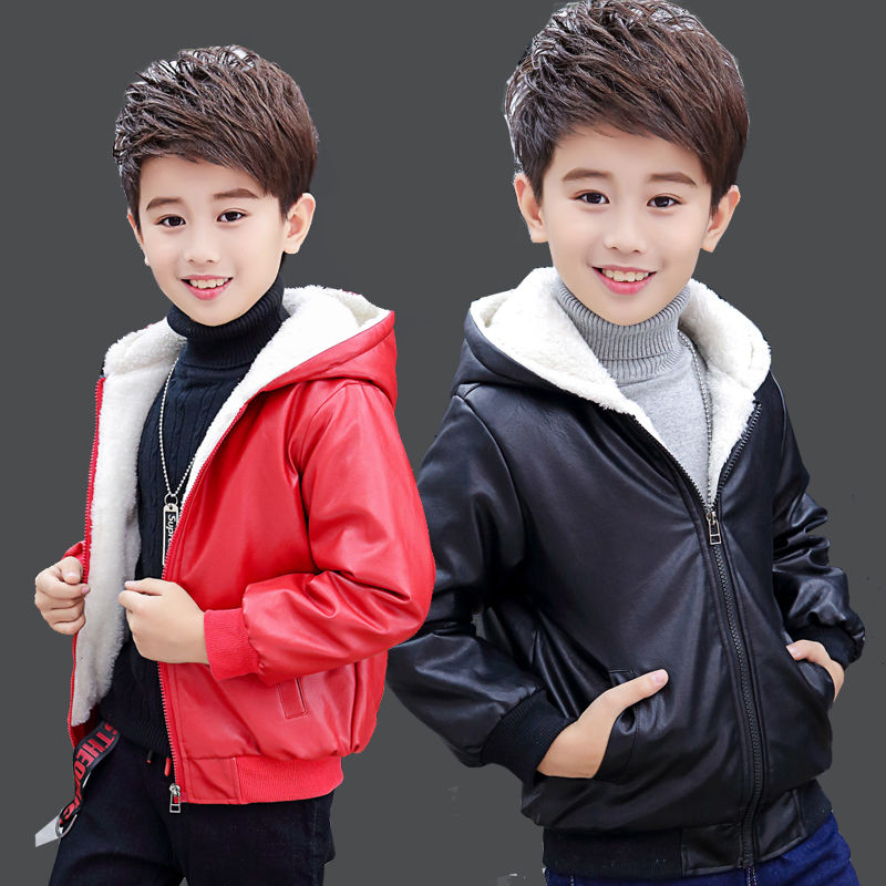 Baby Boys Coat Kids Leather Children 2-15 Years Old Thick Velvet Motorcycle Leather Jacket