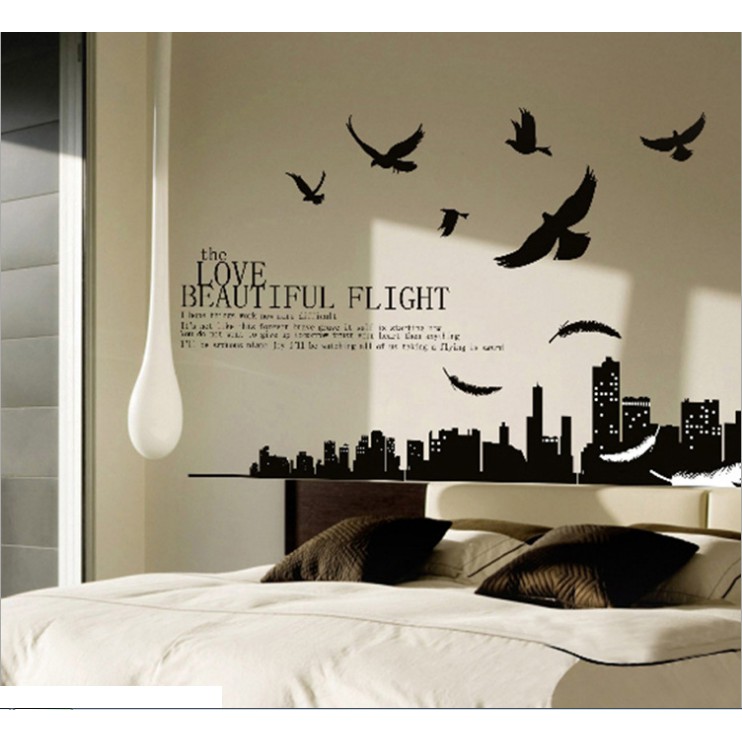 Decal trang trí tường Thành Phố và đàn Chim đen