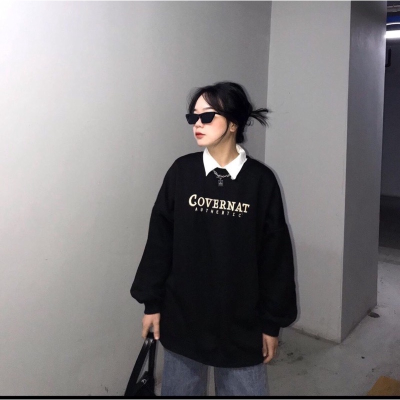 Áo Nỉ Tay Bồng Covernat L.Y Store Nữ [FREESHIP]  Sweater form rộng hiphop, thun đen in chữ basic cá tính Ulzzang
