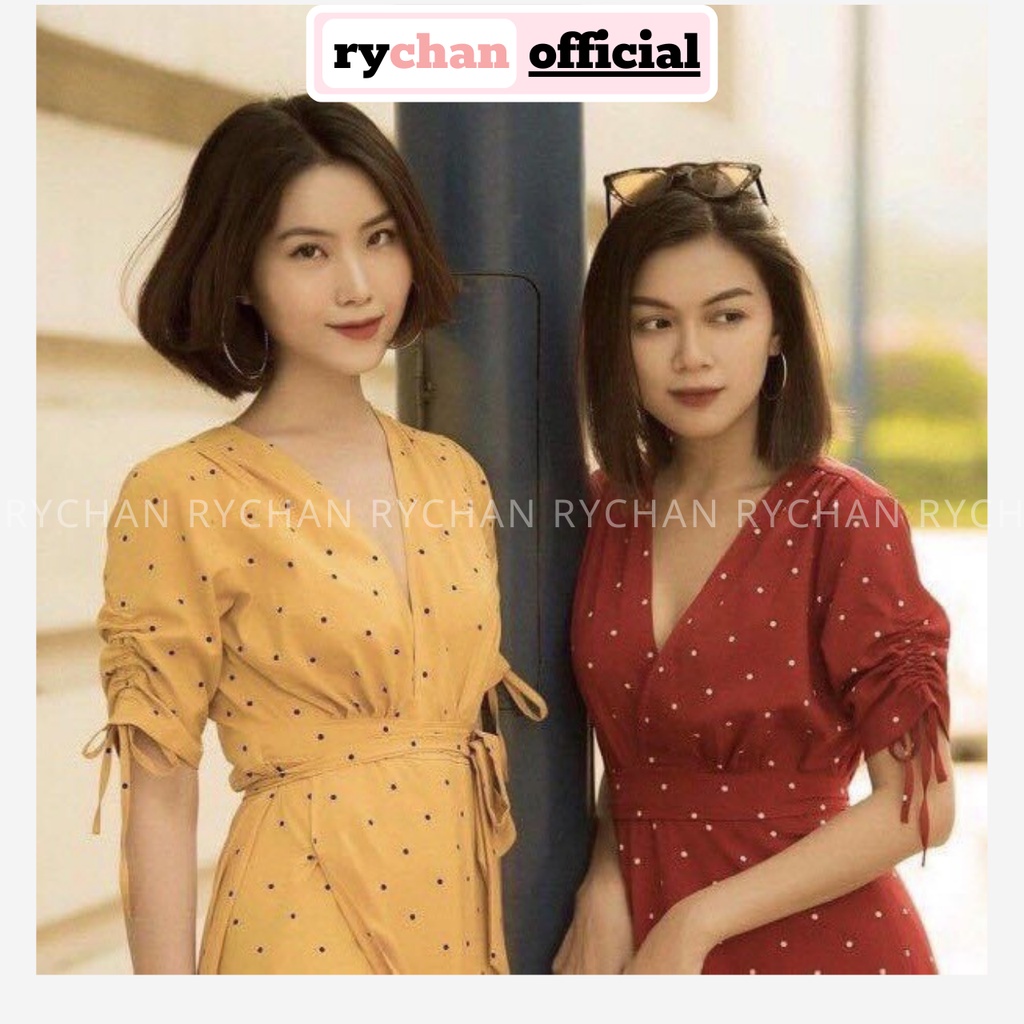 Đầm Đi Du Lịch Biển Maxi Bi Đắp Chéo Xẻ Tà Cổ V Tay Rút Dây Hai Màu Vàng Đỏ - DM693