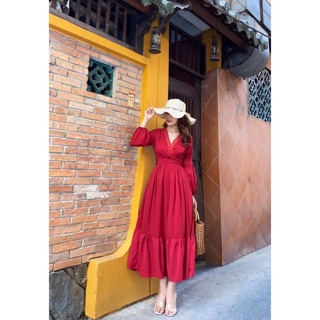 Đầm maxi đỏ phối viền nơ lưng chất lụa cao cấp