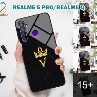 Ốp lưng kính Realme 5 Pro/Realme Q in 3D chữ cái vân đá cẩm thạch