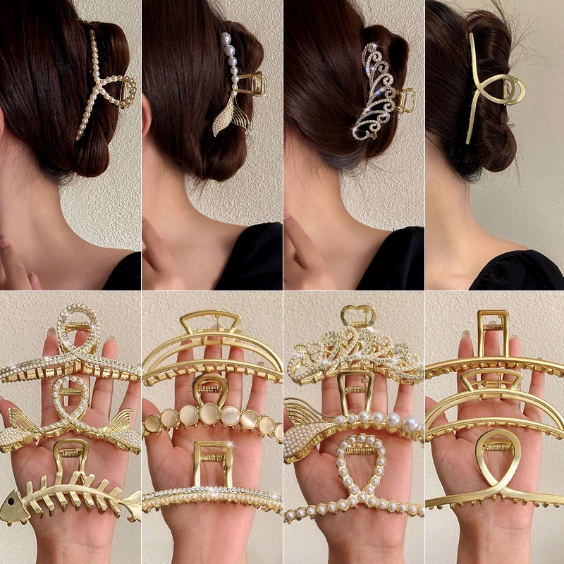 Kẹp Tóc Hình Cá Mập Đính Đá Ngọc Trai Giả Bằng Kim Loại Kích Thước Lớn Thời Trang Hàn Quốc