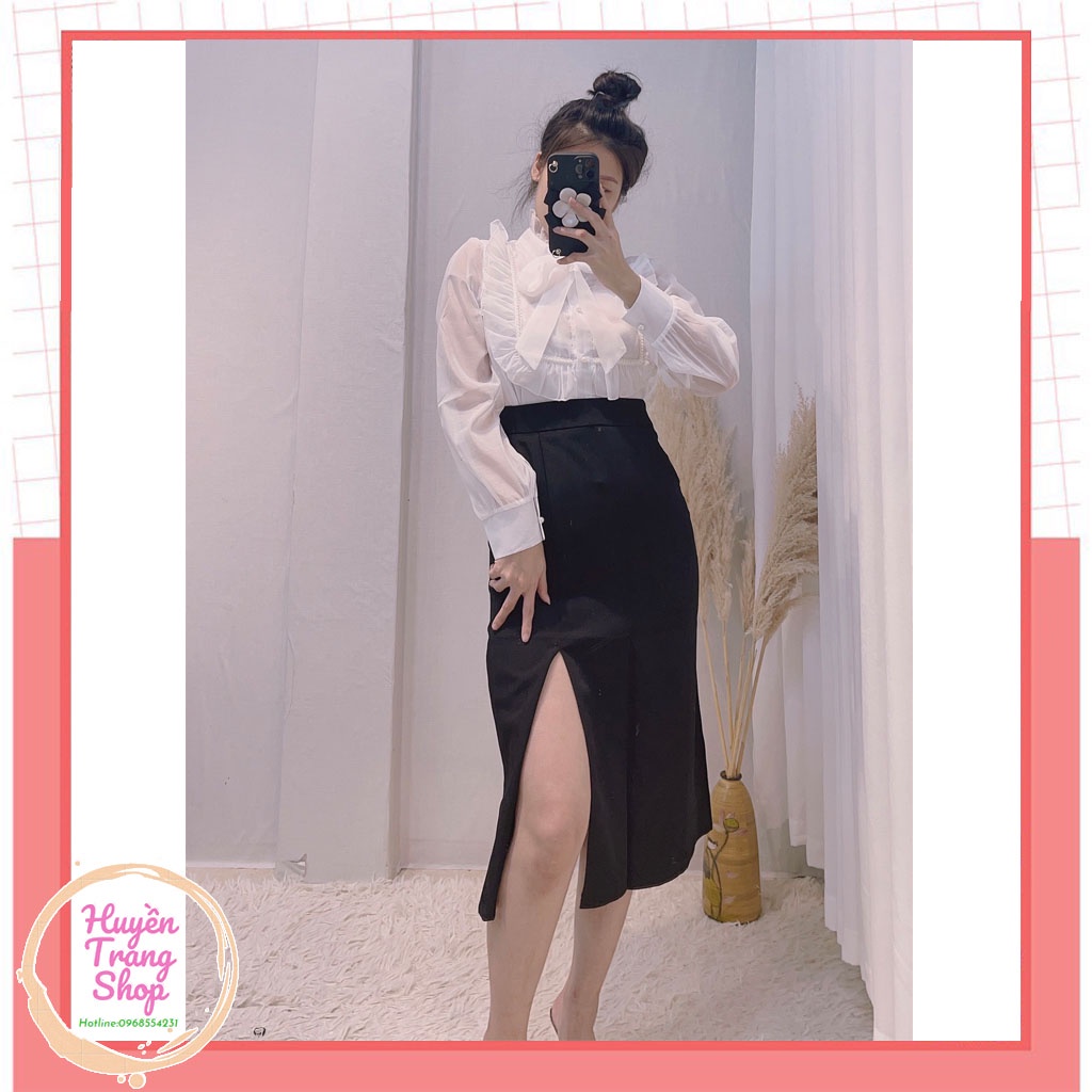 Áo sơ mi tơ mặt trước 2 lớp mặt sau 1 lớp + Chân váy xẻ