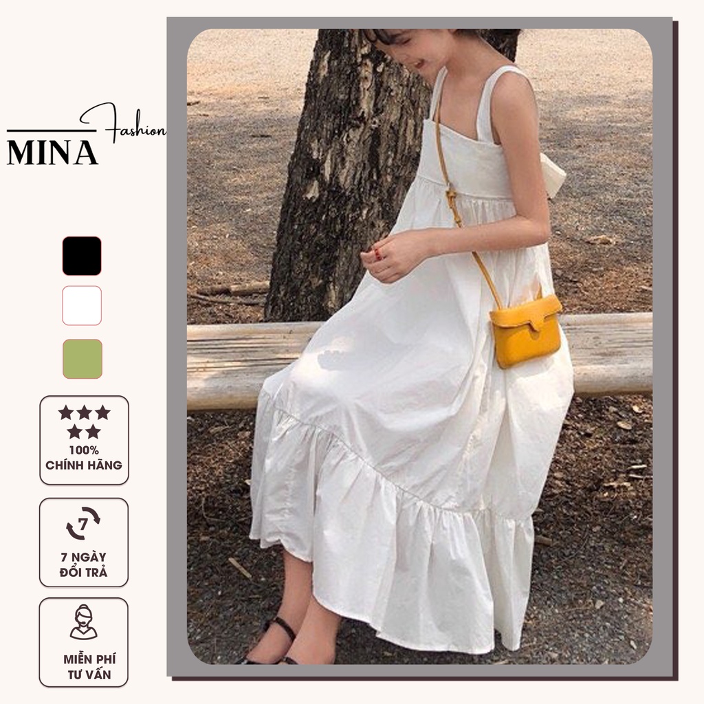 Váy babydoll maxi hai dây bản lớn dáng xòe đi biển hở lưng Đầm maxi trắng dài thắt nơ sẵn STOREMINA VD08