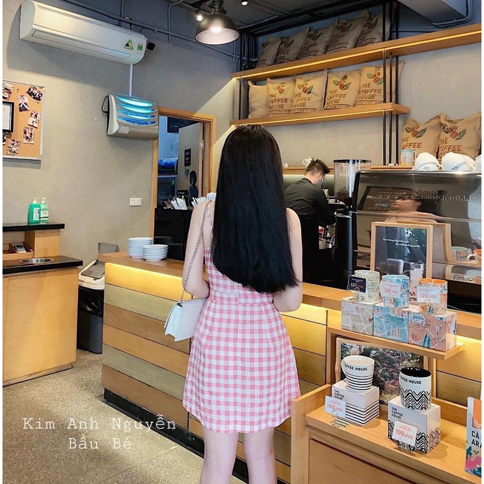 Đầm kate họa tiết caro hai dây thắt nơ trước ngực sexy TTSA0315