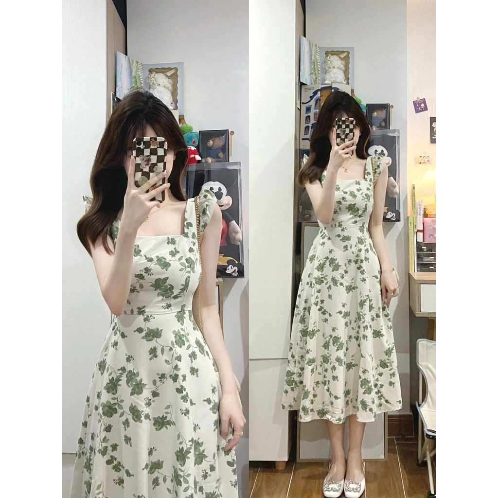 Váy nữ ,  đầm hai dây hoa lá green đi biển, đi du lịch ngọt ngào trẻ trung phong cách Hàn Quốc kèm ảnh thật trải sàn