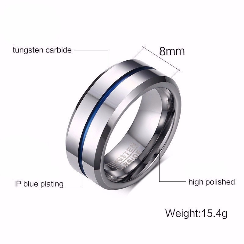 Nhẫn cưới Tungsten Carbide 8MM màu xanh dương cho nam