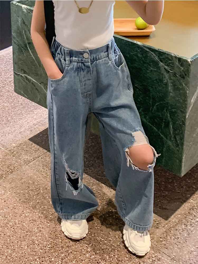 Quần Denim Ống Rộng Thiết Kế Rách Cá Tính Thời Trang Cho Bé Gái