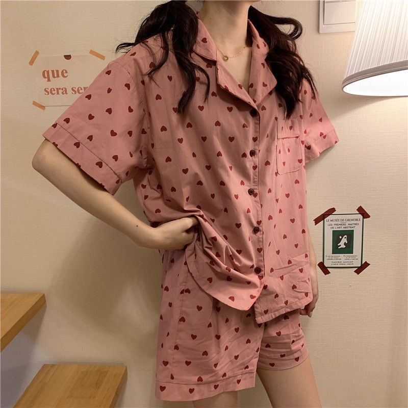 Đồ ngủ ngắn tay họa tiết trái tim ngọt ngào dễ thương dành cho nữ