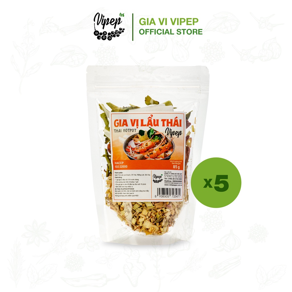 Combo 5 gói gia vị lẩu thái Vipep 85g chua cay, có sẵn rau củ nước lẩu, tiện lợi nấu dùng ngay