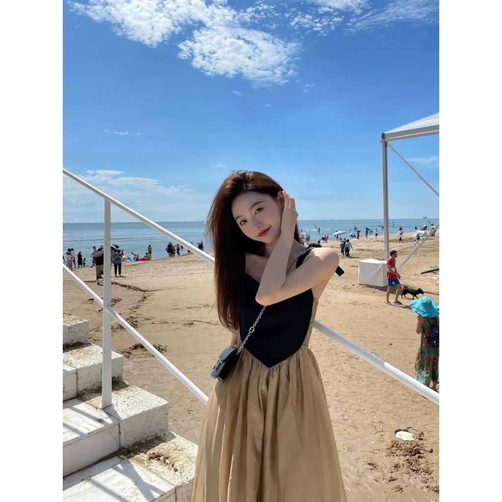 Đầm Hai Dây Dáng Dài Qua Gối Phong Cách retro Pháp Thời Trang Xuân Hè Mới