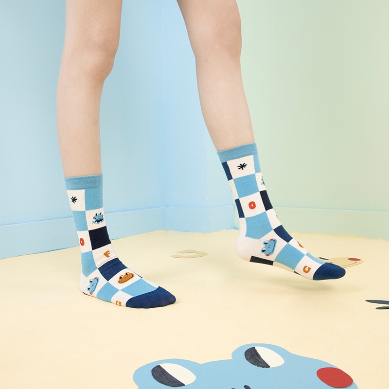 Vớ WAFNHA D110 cotton cổ cao vừa họa tiết ếch hoạt hình xinh xắn dành cho bé gái