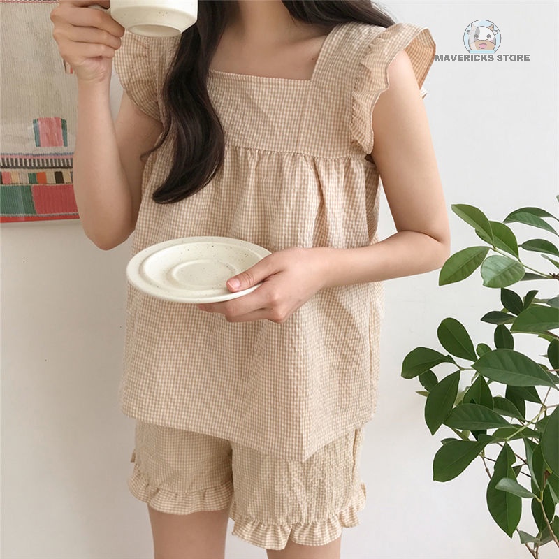 Bộ đồ ngủ ngắn hai mảnh màu trơn kiểu Nhật Bản dễ thương thời trang mùa hè cho nữ
