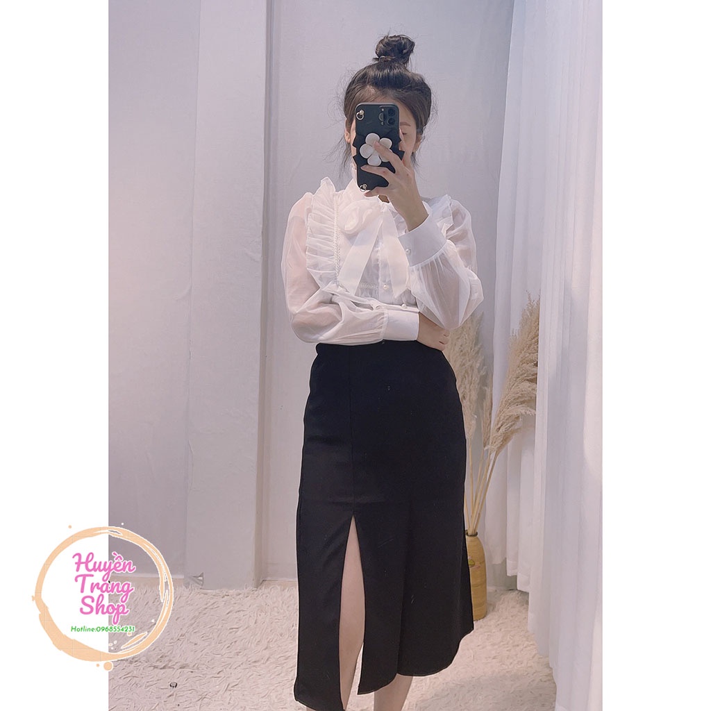 Áo sơ mi tơ mặt trước 2 lớp mặt sau 1 lớp + Chân váy xẻ | BigBuy360 - bigbuy360.vn