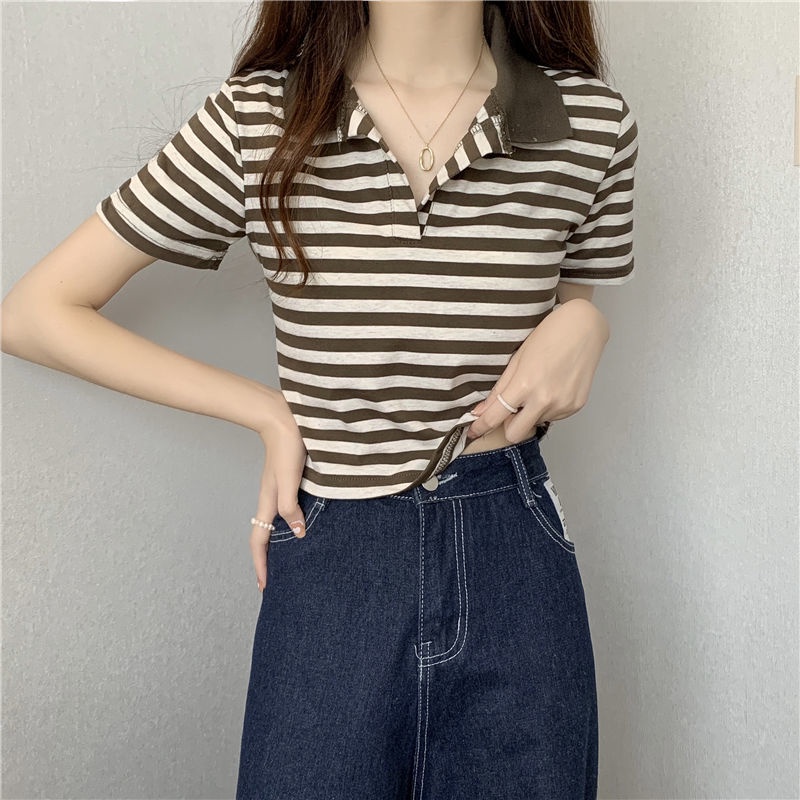 Áo polo Tay Ngắn Kẻ Sọc Thời Trang Mùa Hè Phong Cách Hồng Kông Hàng Mới Dành Cho Nữ 2022