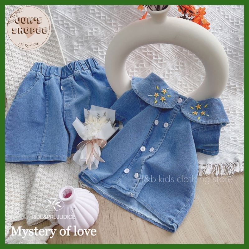 Set bò cổ thêu sao cho bé gái, bộ quần áo bò xanh cho bé gái từ 7-20kg Jun's shop88