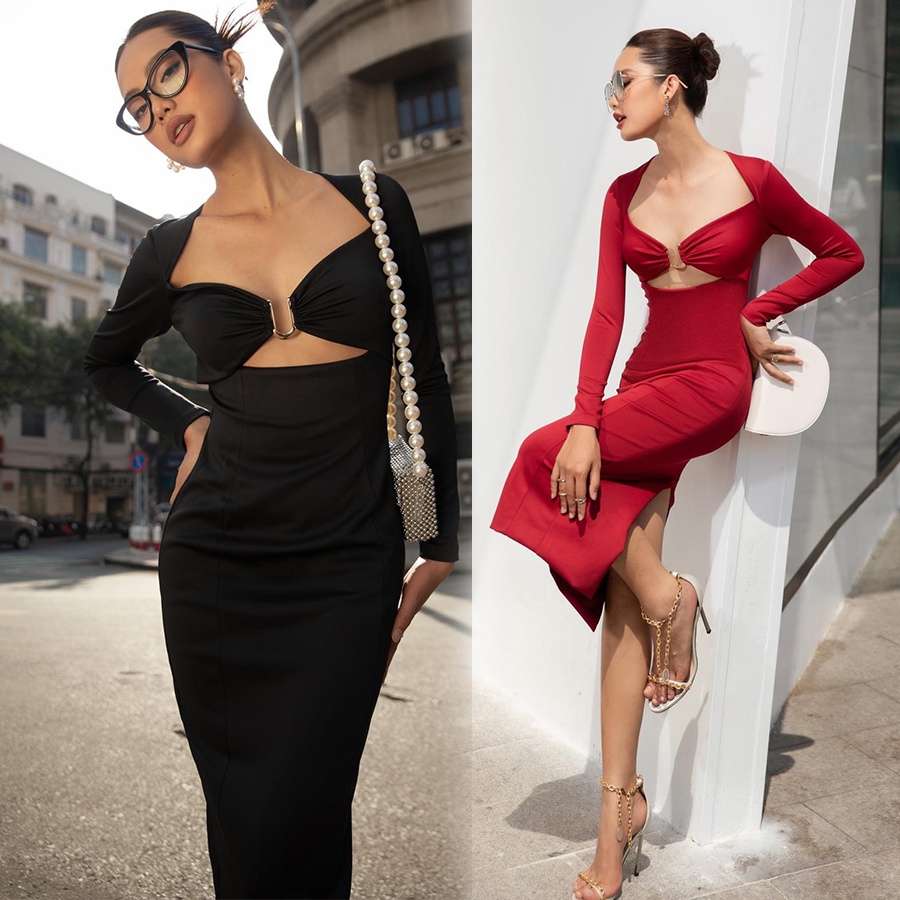 Đầm đi dự tiệc cưới thiết kế ôm body, hở ngực, tay dài sexy - Lux