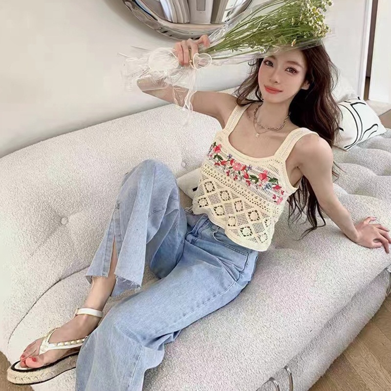 Xiangbao Áo Crop Top Không Tay Khoét Lỗ Đính Kim Cương Màu Sắc Tương Phản Phong Cách Vintage Mùa Hè Cho Nữ