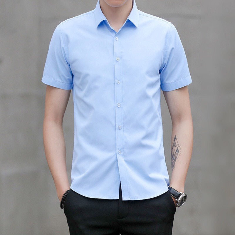 Áo sơ mi ngắn tay FATUNO nam Hàn Quốc màu xanh đen vải cotton lụa chống nhăn không bai xù
