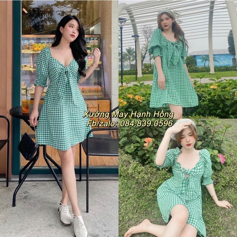 Váy kẻ xanh nơ ngực tay bồng trể trung