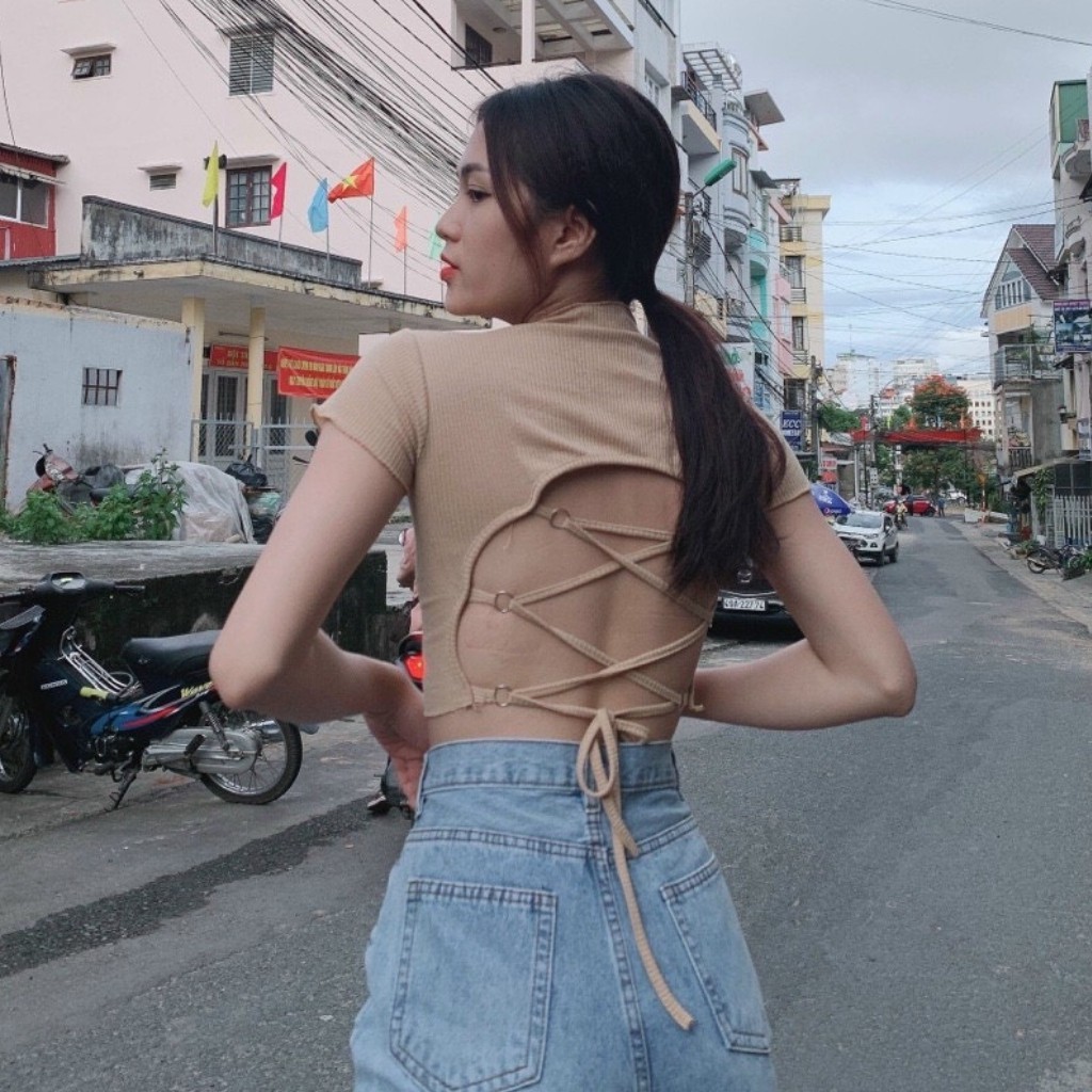 Áo Kiểu Croptop Rút Dây Hở Lưng, Chất Thun Gân Dáng Ôm Freesize 53kg Ảnh Thật