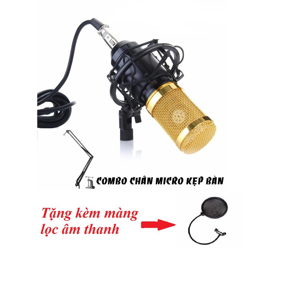 Combo Micro Thu Âm BM800 Souck mount Kim loại + Chân micro kẹp bàn + Màng lọc âm thanh