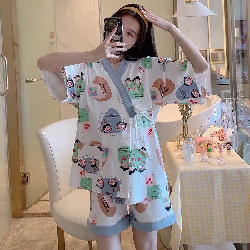 Bộ Ngủ Mặc Nhà Ngắn Tay Nhiều Màu ⚡FREESHIP⚡ Set Pijama Dây Eo Cộc Tay Icon Xinh Xắn 🦋 Quần Áo Đôi Mùa Hè 🦋