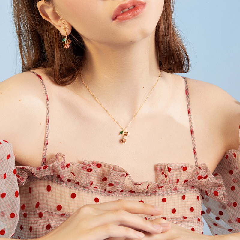 BAMOER Set Vòng cổ Và Bông Tai bạc 925 Họa Tiết Cherry Thời Trang