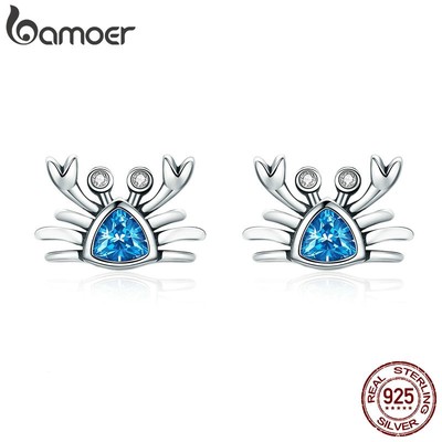 Bamoer Bông Tai bạc 925 Hình Cua / Xanh Dương Đính Đá cz Thời Trang Cho Nữ sce413