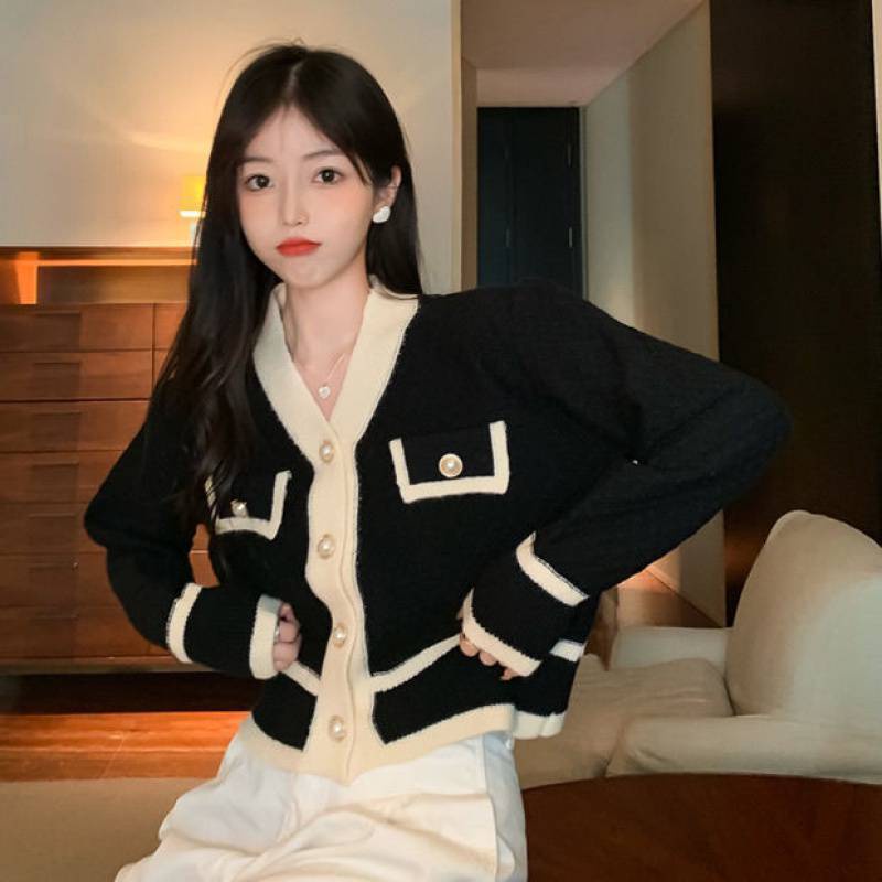 Áo khoác len nữ LUHAZO cardigan tay dài viền đen trắng cổ tim kiểu Hàn Quốc phong cách trẻ trung T-3