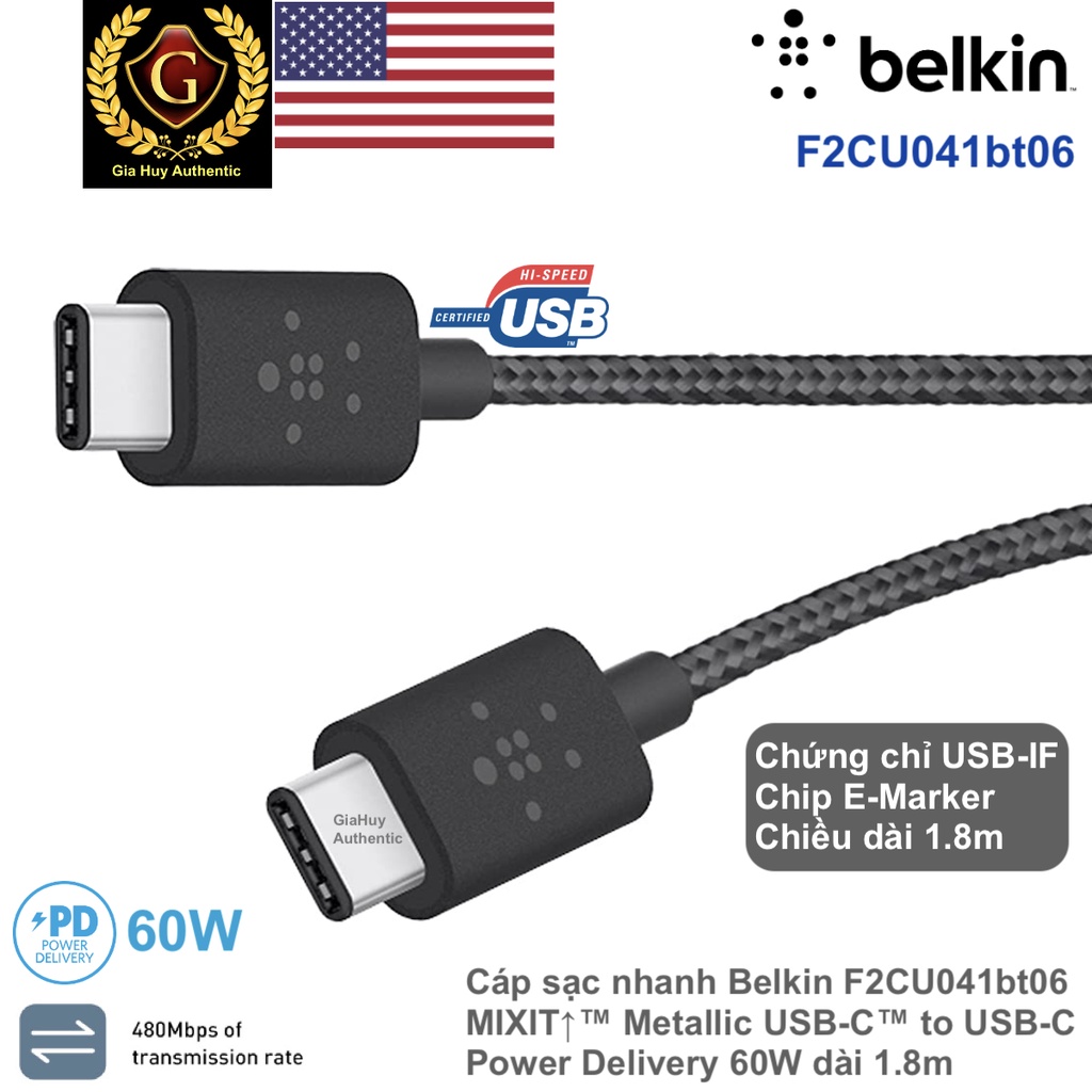 Cáp sạc nhanh BELKIN F2CU041bt06 MIXIT↑™ Metallic USB-C™ to USB-C PD 60W dài 1.8m